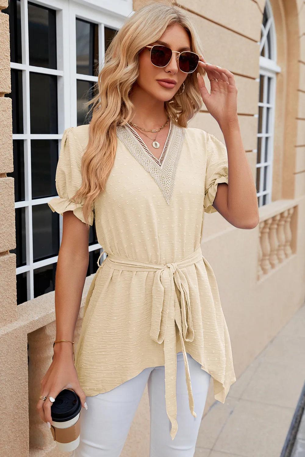 Solid color V-neck lace patchwork loose short sleeved dress