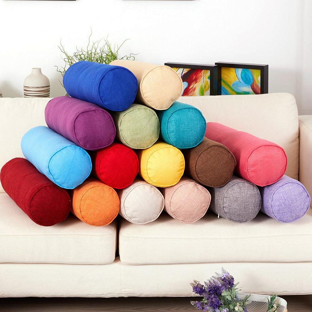 Solid Long Round Maternity Pillow Cotton linen Neck Headrest Body pillow Bed Chair Car Seat Backrest Sleeping Pillow Round Cervical Roll Cylinder Bolster Pillow with Removable Washable Cover, Ergonomically Designed  for Head Neck Spine