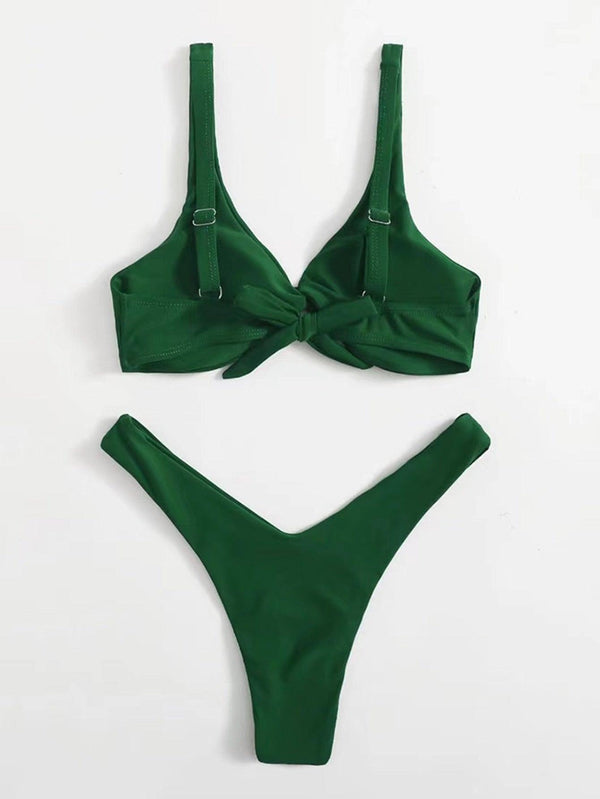 Solid Tie  Bikini Padded Bra High Leg Bandage Push Up Bikini Set Brazilian Swimsuit Women Swimwear Rib Bikini Set High Cut Spaghetti Strap Two Piece Swimsuit Bathing Suit