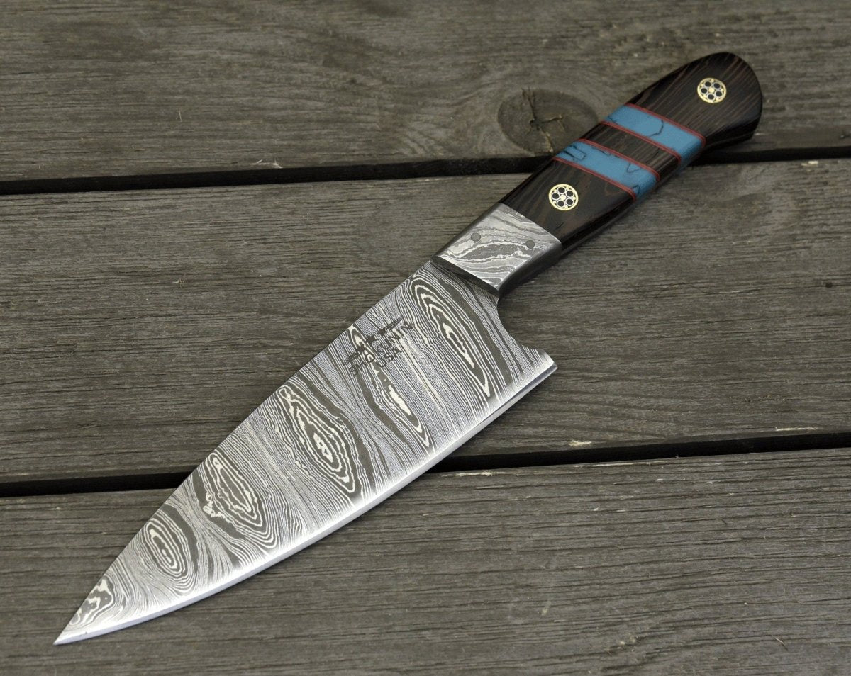 Solstice Damascus Chef Knife with Exotic Wenge Wood & Turquoise Handle