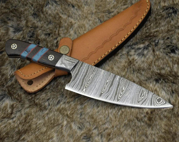 Solstice Damascus Chef Knife with Exotic Wenge Wood & Turquoise Handle - Gifts for You 'n Me