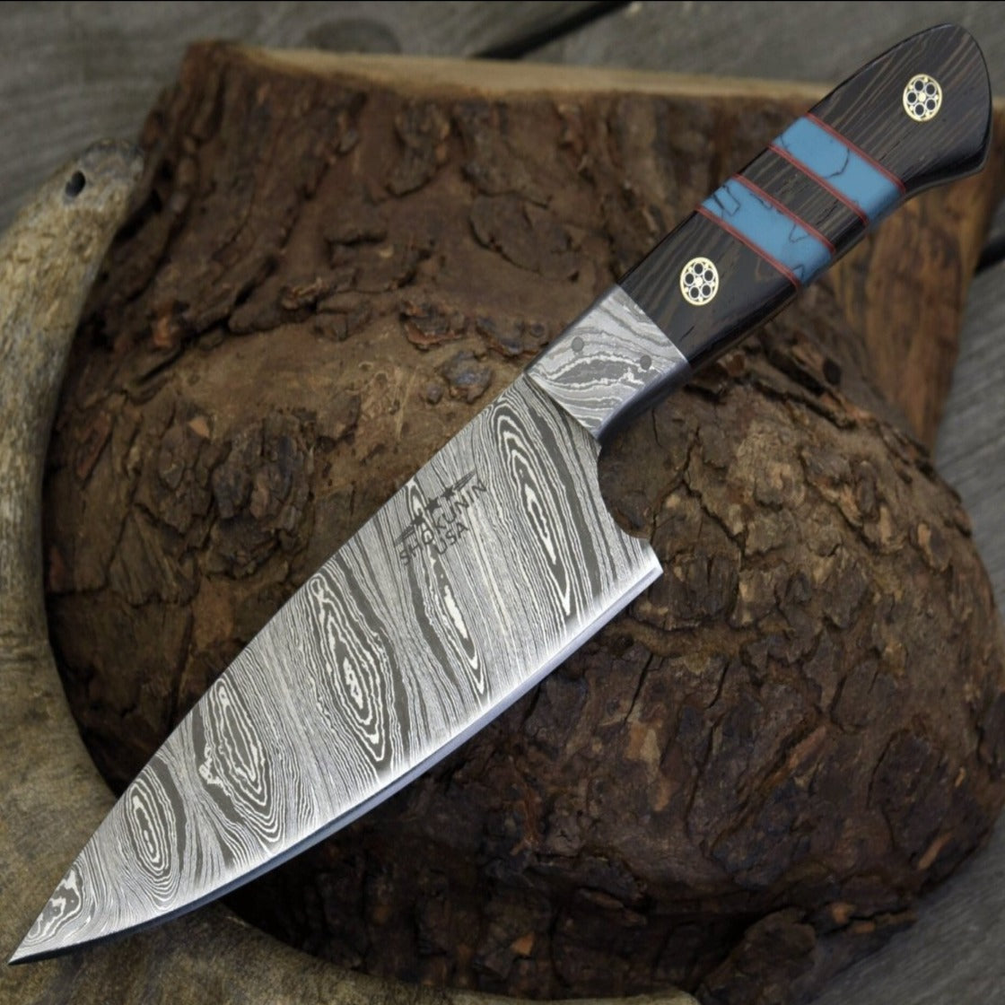 Solstice Damascus Chef Knife with Exotic Wenge Wood & Turquoise Handle