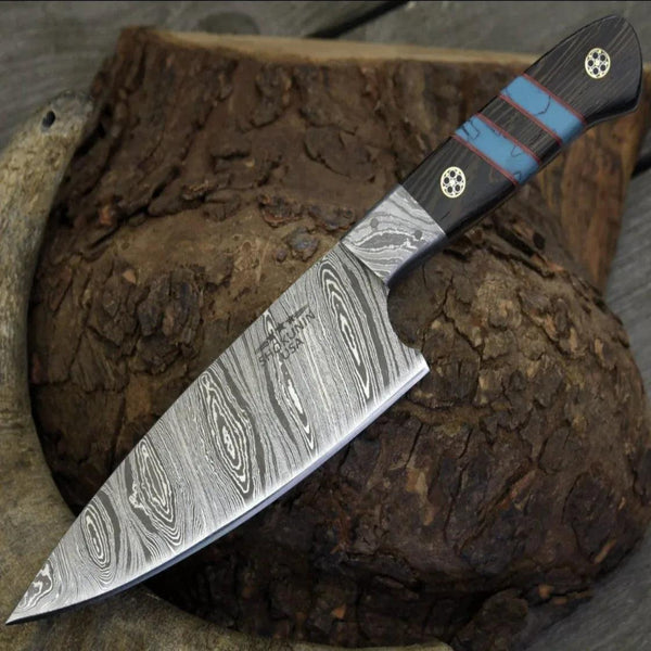 Solstice Damascus Chef Knife with Exotic Wenge Wood & Turquoise Handle - Gifts for You 'n Me
