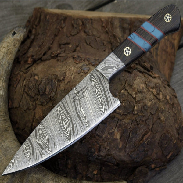Solstice Damascus Chef Knife with Exotic Wenge Wood & Turquoise Handle