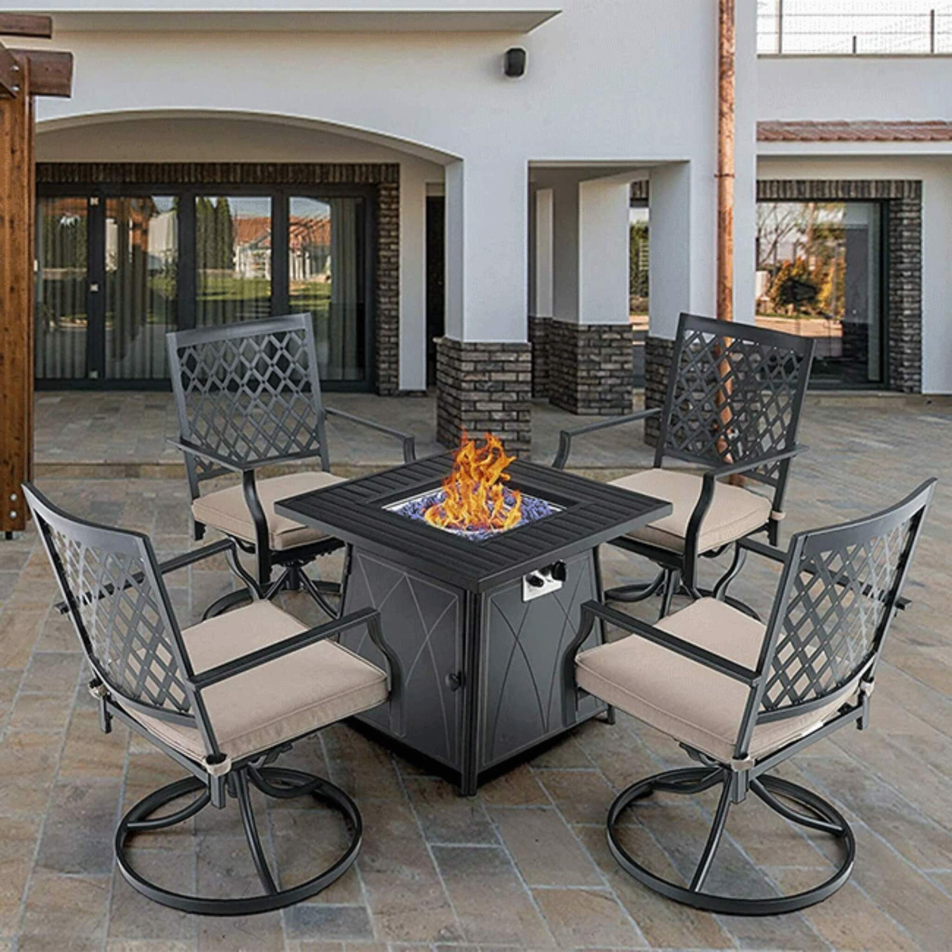 Sophia & William 5-Piece Outdoor Gas Fire Pit Table Set W/ Cushioned Swivel Dining Chairs (SAK63872)