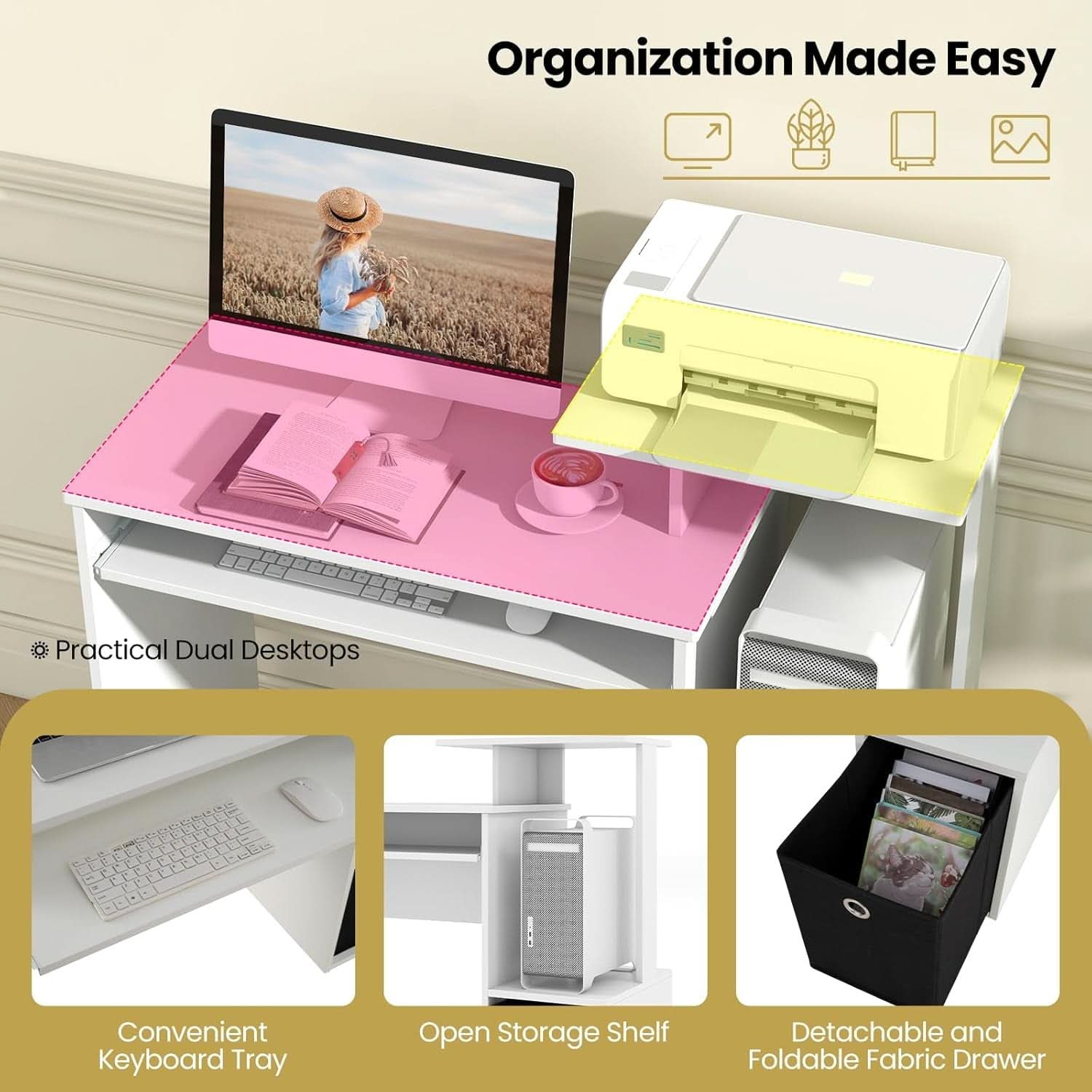 Space-Saving Computer Desk with Drawer and Storage Shelves