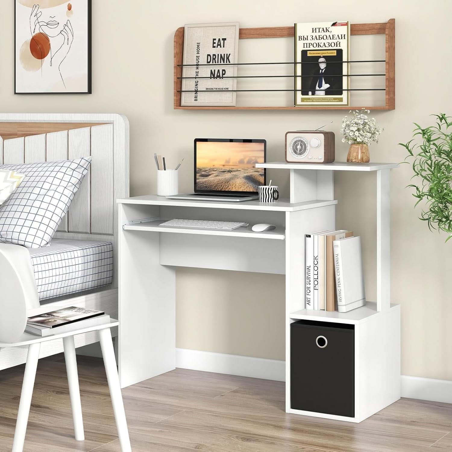 Space-Saving Computer Desk with Drawer and Storage Shelves