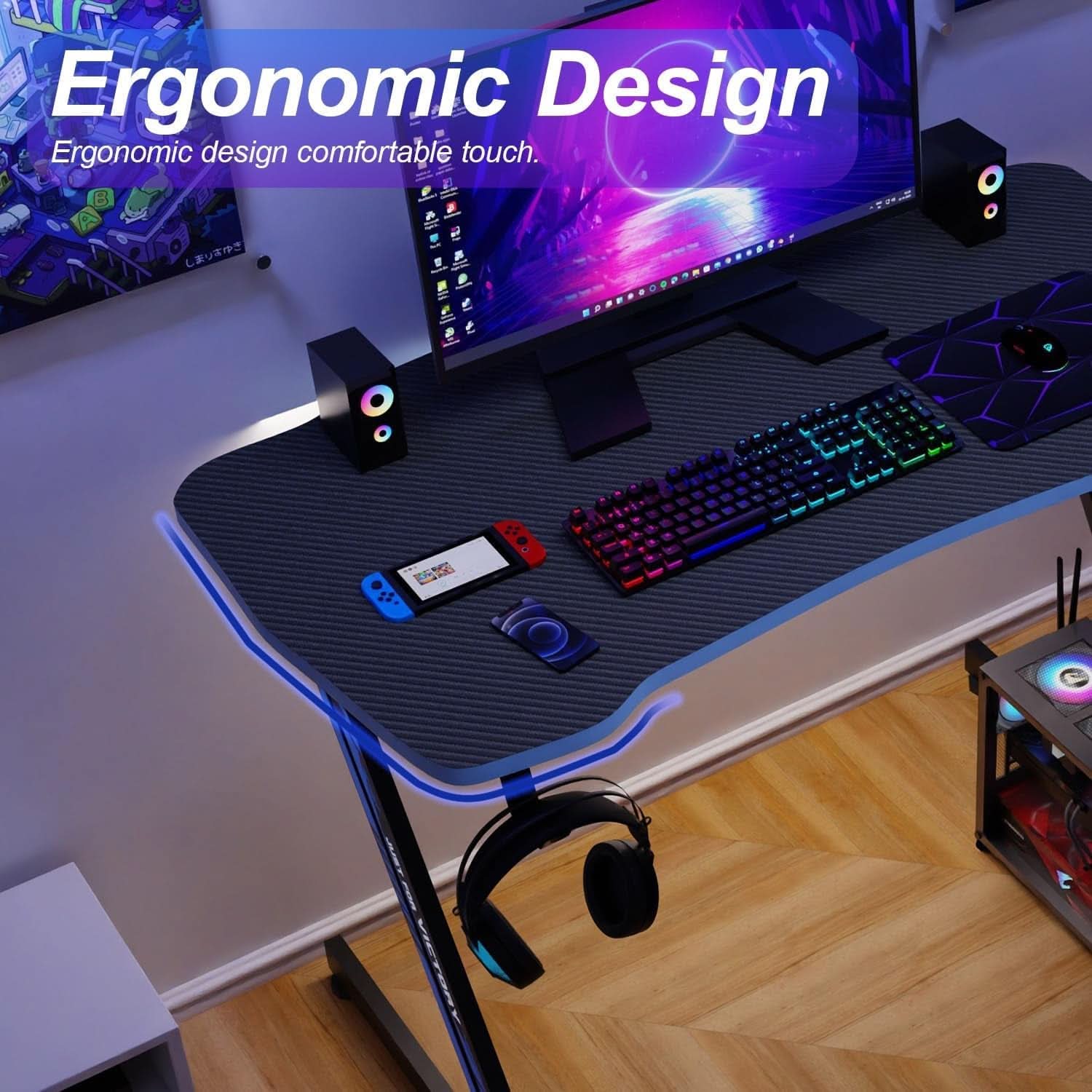 Spacious 39 Inch Ergonomic Gaming Desk With Headphone Hook