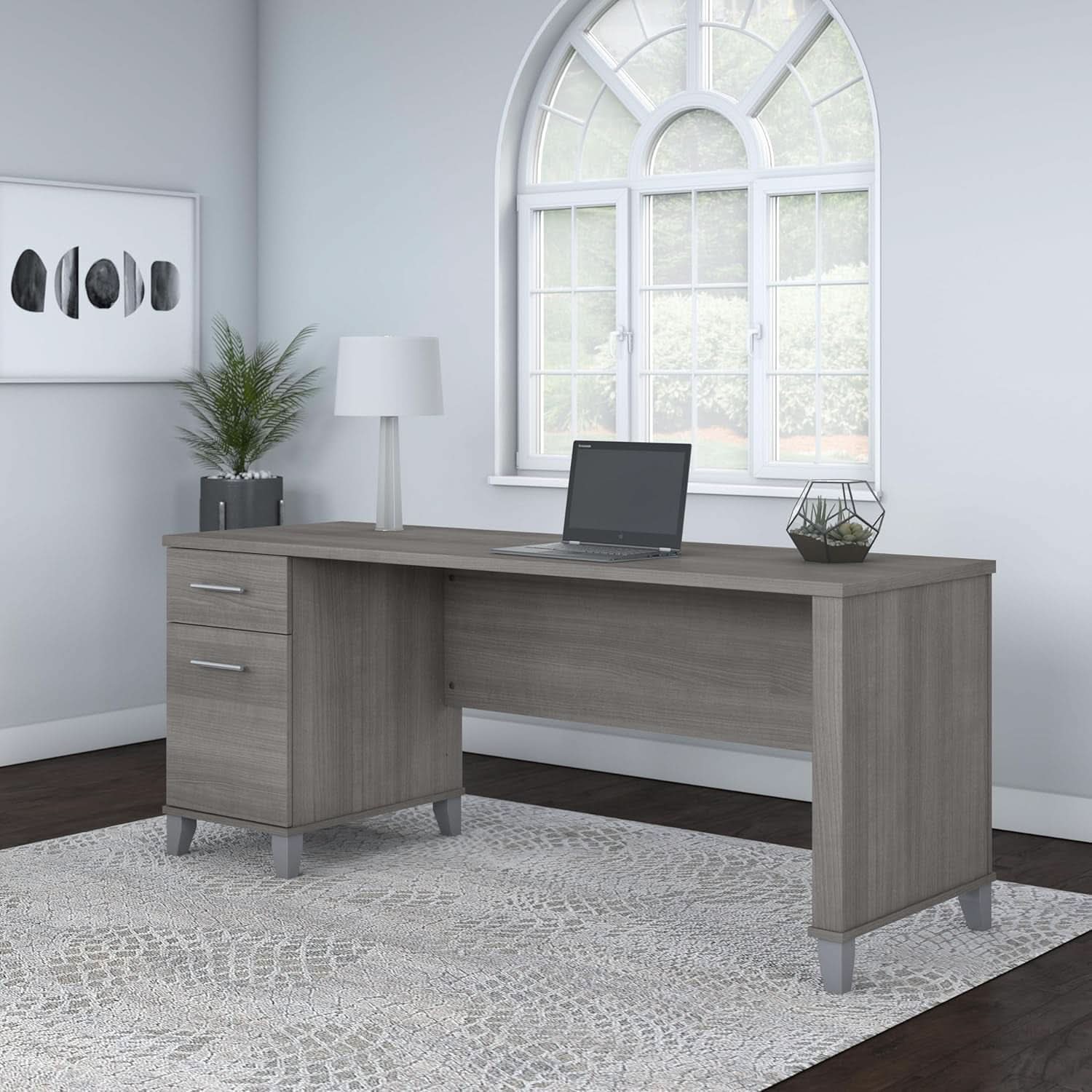 Spacious Home Office Desk with Drawers in Gray
