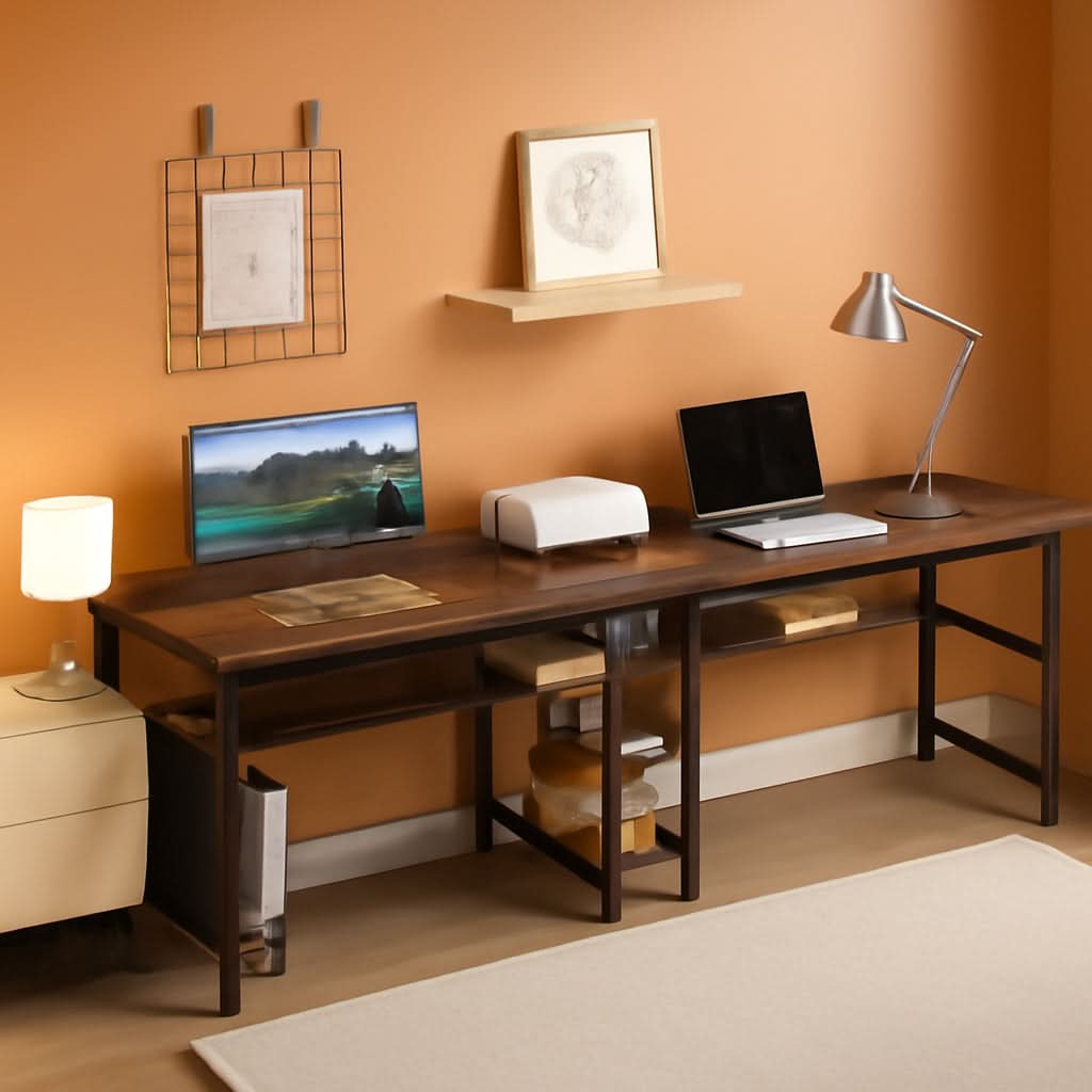 Spacious Two Person Desk with Power Strips and Shelves