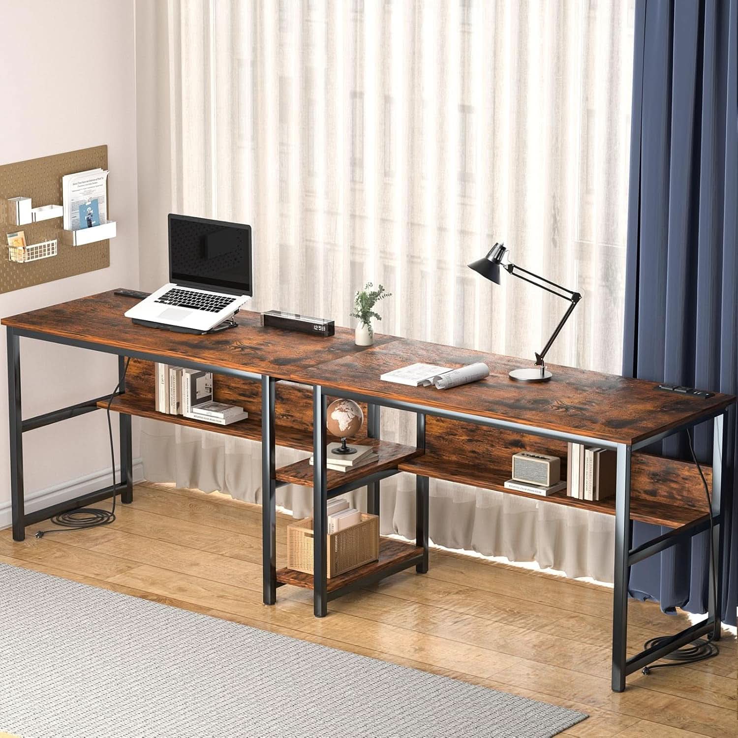 Spacious Two Person Desk with Power Strips and Shelves