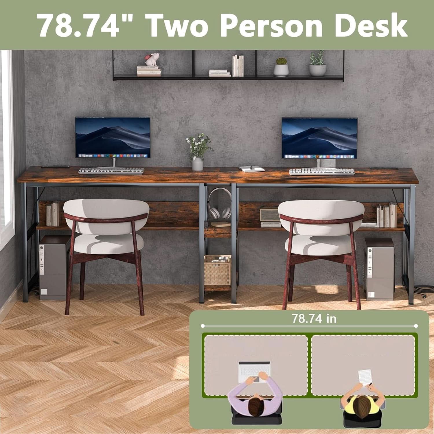 Spacious Two Person Desk with Power Strips and Shelves