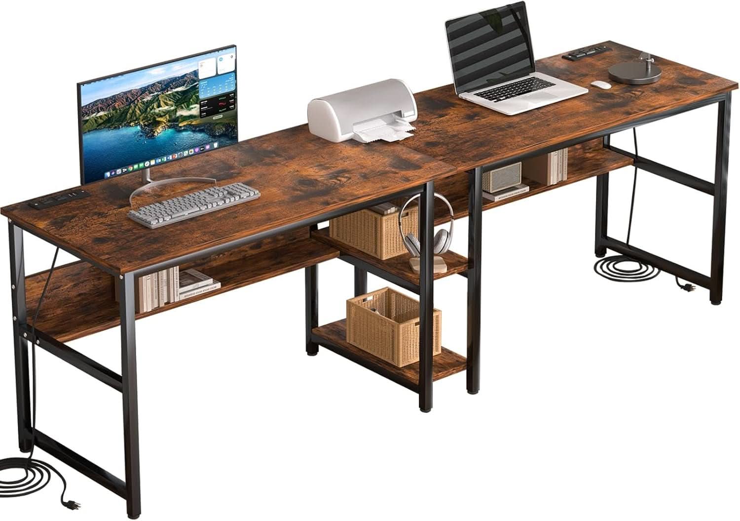 Spacious Two Person Desk with Power Strips and Shelves