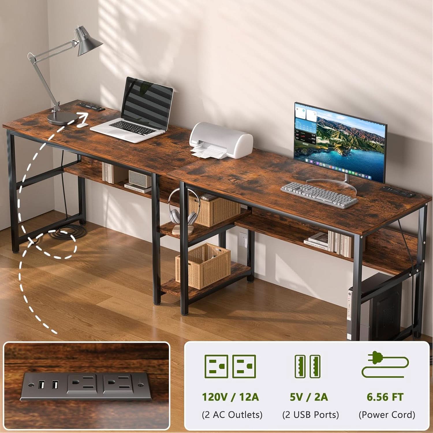 Spacious Two Person Desk with Power Strips and Shelves