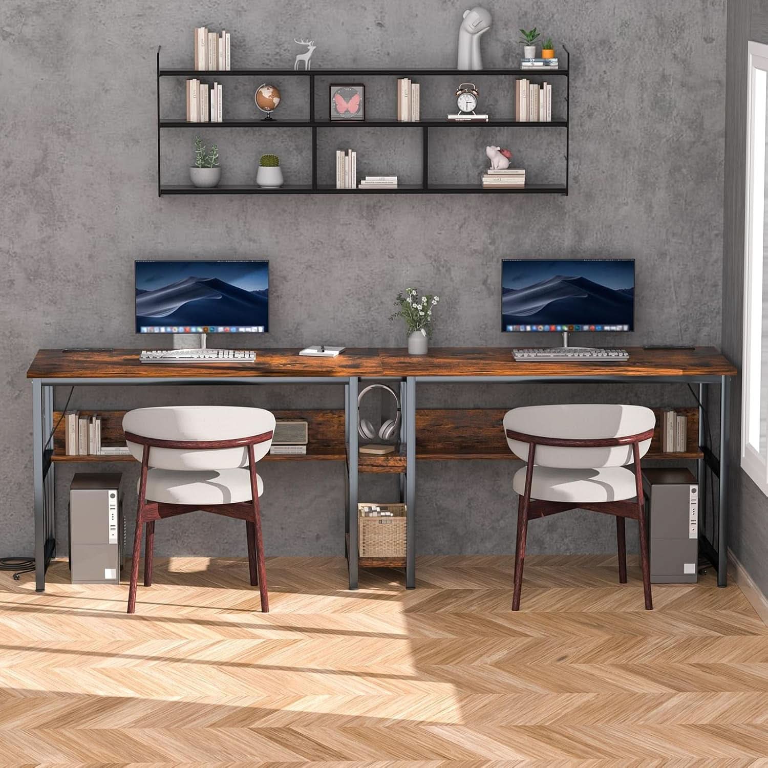 Spacious Two Person Desk with Power Strips and Shelves
