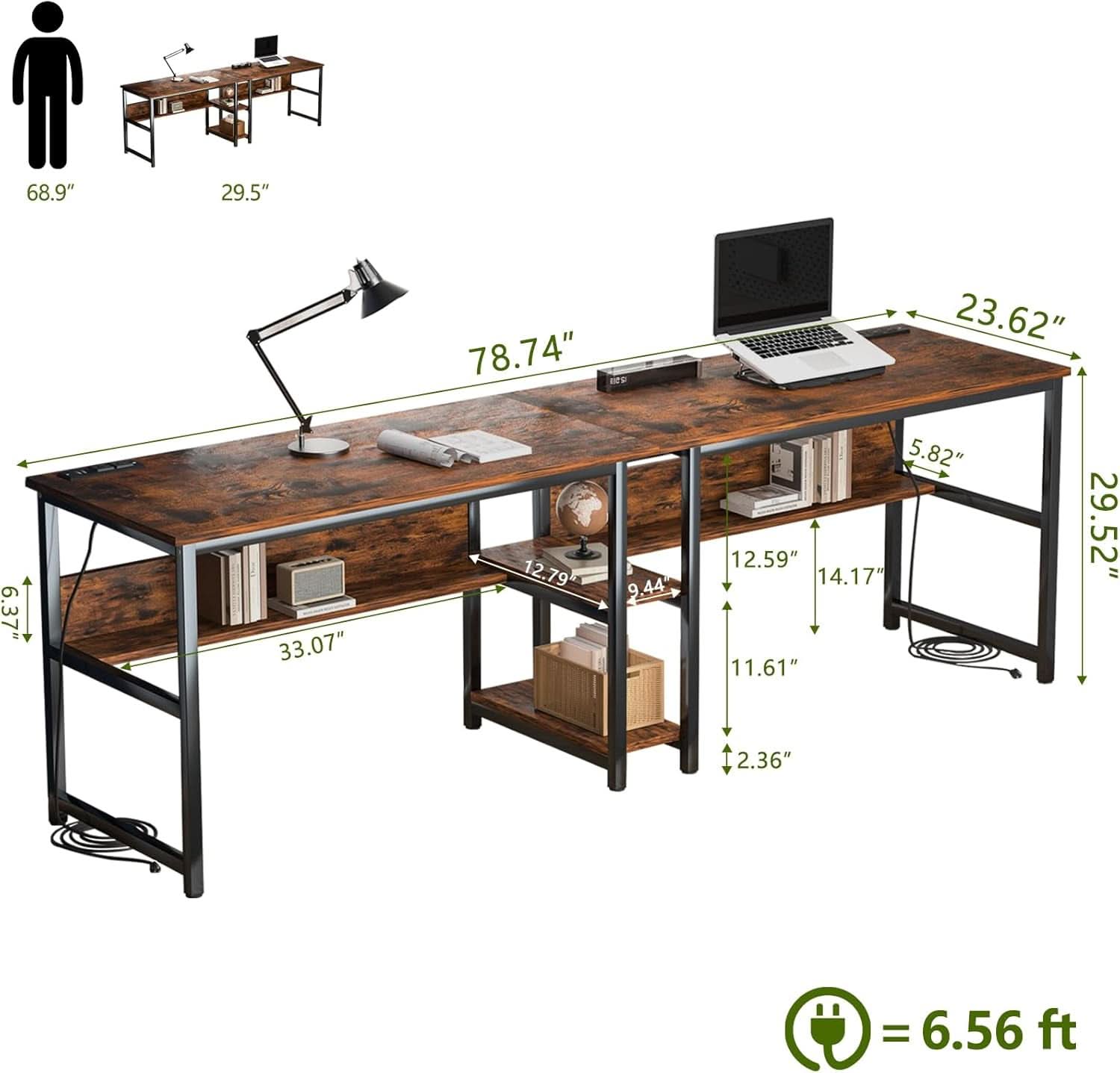 Spacious Two Person Desk with Power Strips and Shelves