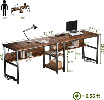 Spacious Two Person Desk with Power Strips and Shelves
