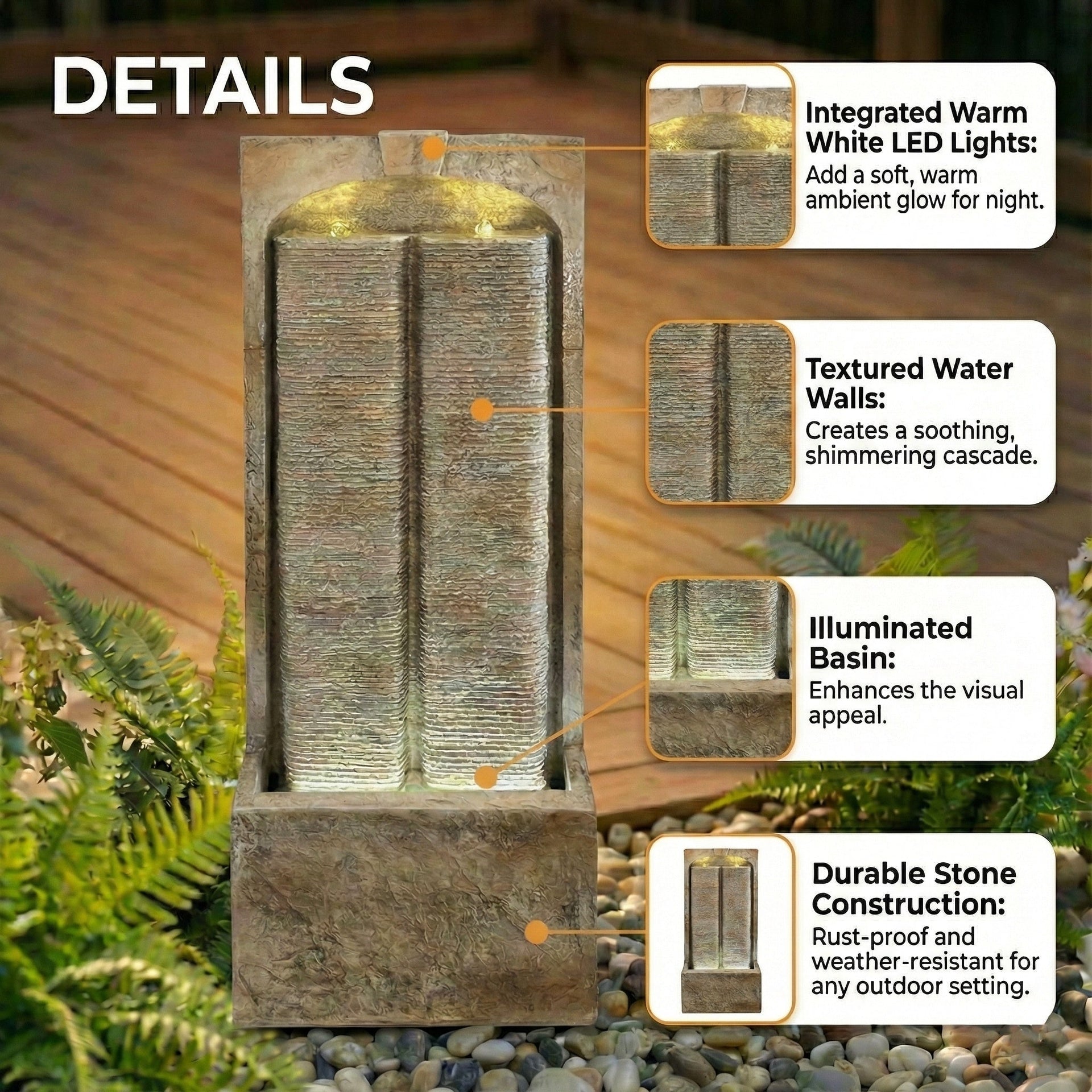 Resin Sandstone Outdoor Wall Water Fountain with Warm LED