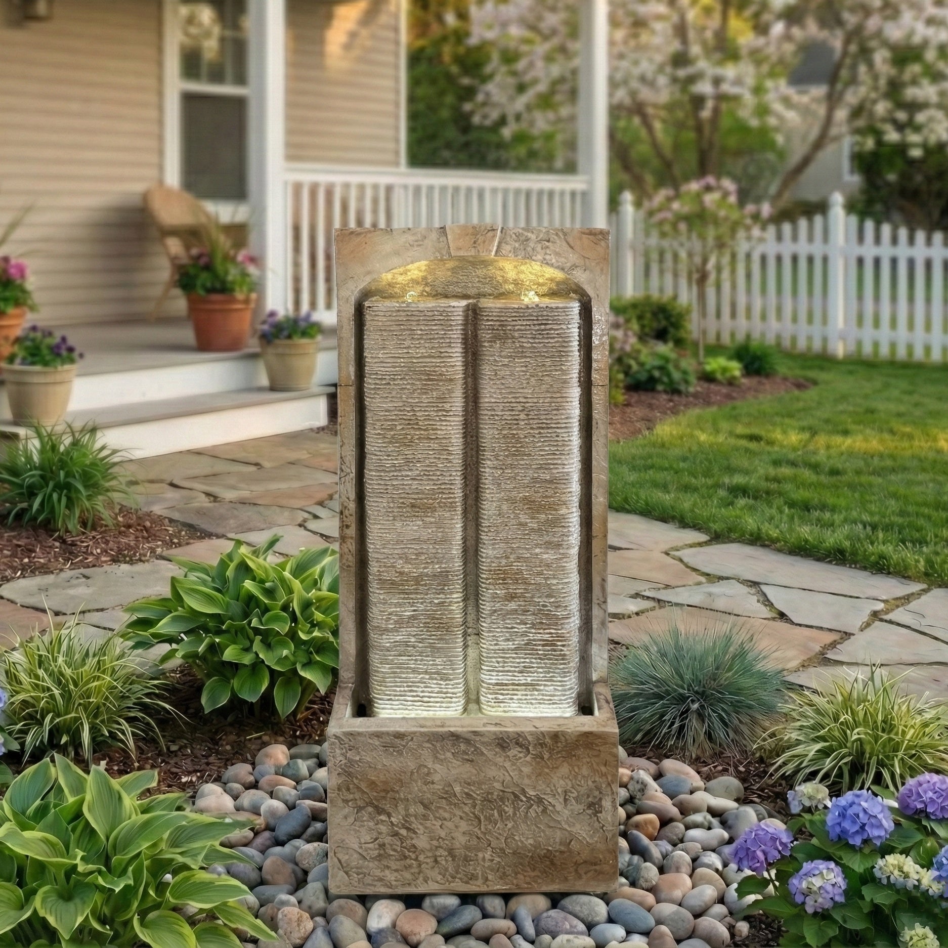 Resin Sandstone Outdoor Wall Water Fountain with Warm LED