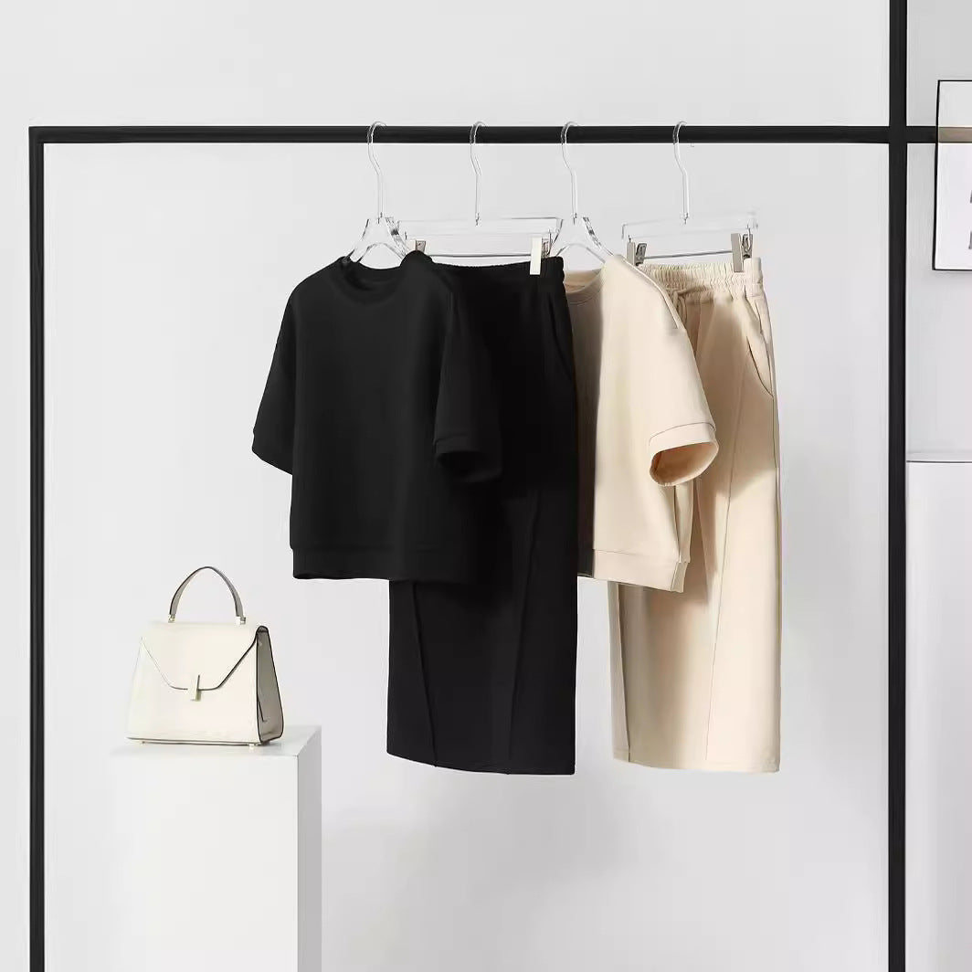 Sports and leisure lazy suit women's soft air cotton short sleeved top+split half skirt two-piece set