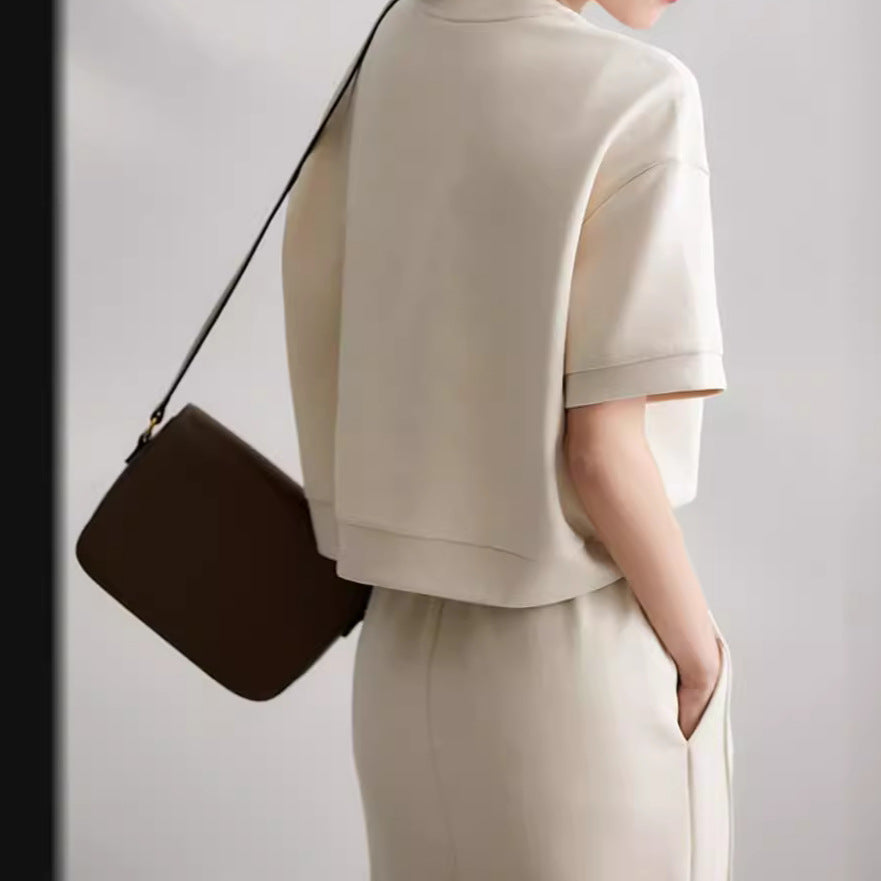 Sports and leisure lazy suit women's soft air cotton short sleeved top+split half skirt two-piece set