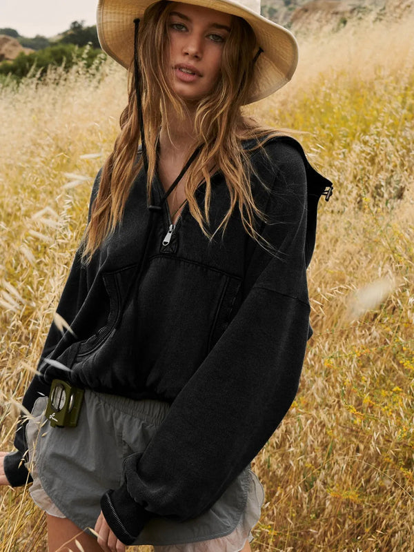 Sports hoodie zipper drawstring long sleeved top jacket