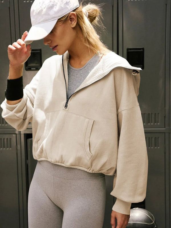 Sports hoodie zipper drawstring long sleeved top jacket