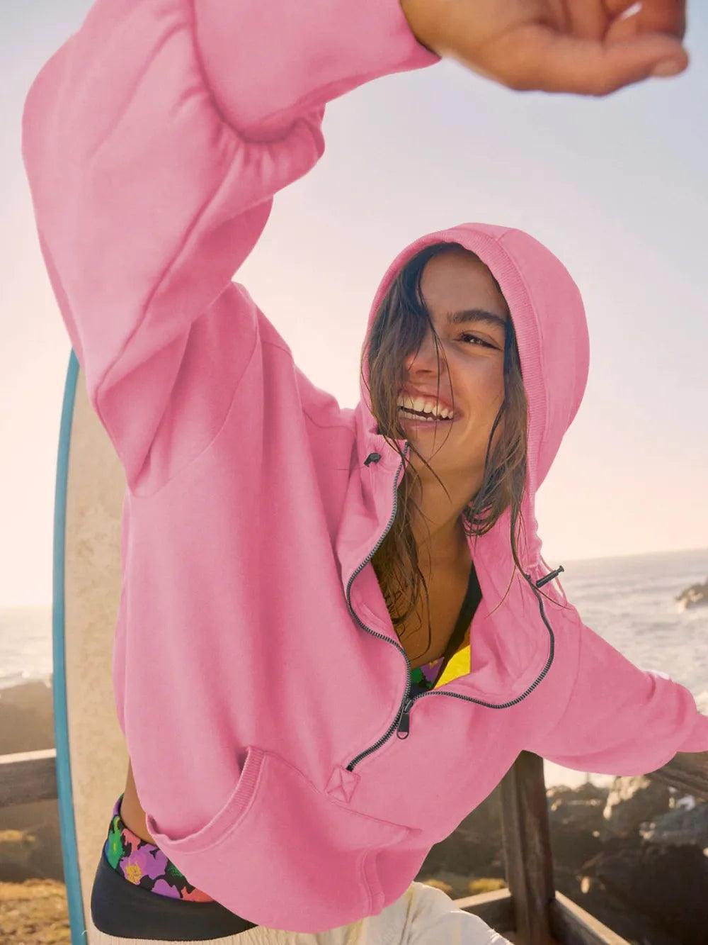 Sports hoodie zipper drawstring long sleeved top jacket