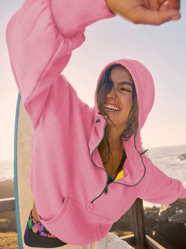 Sports hoodie zipper drawstring long sleeved top jacket