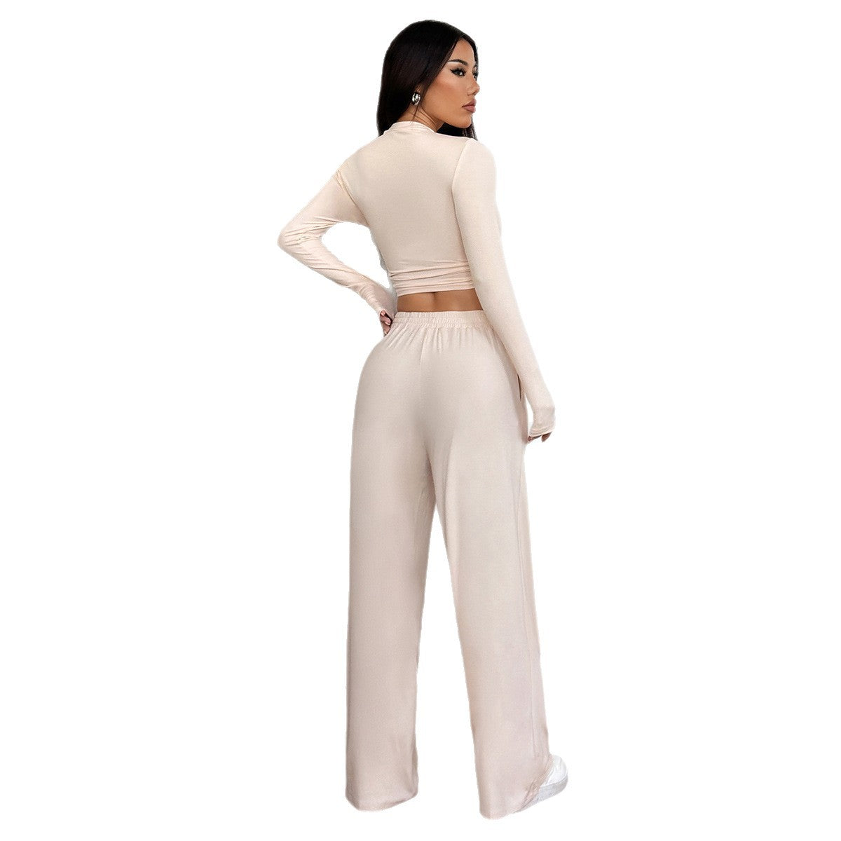 Sports style high elasticity long sleeved wide leg pants set