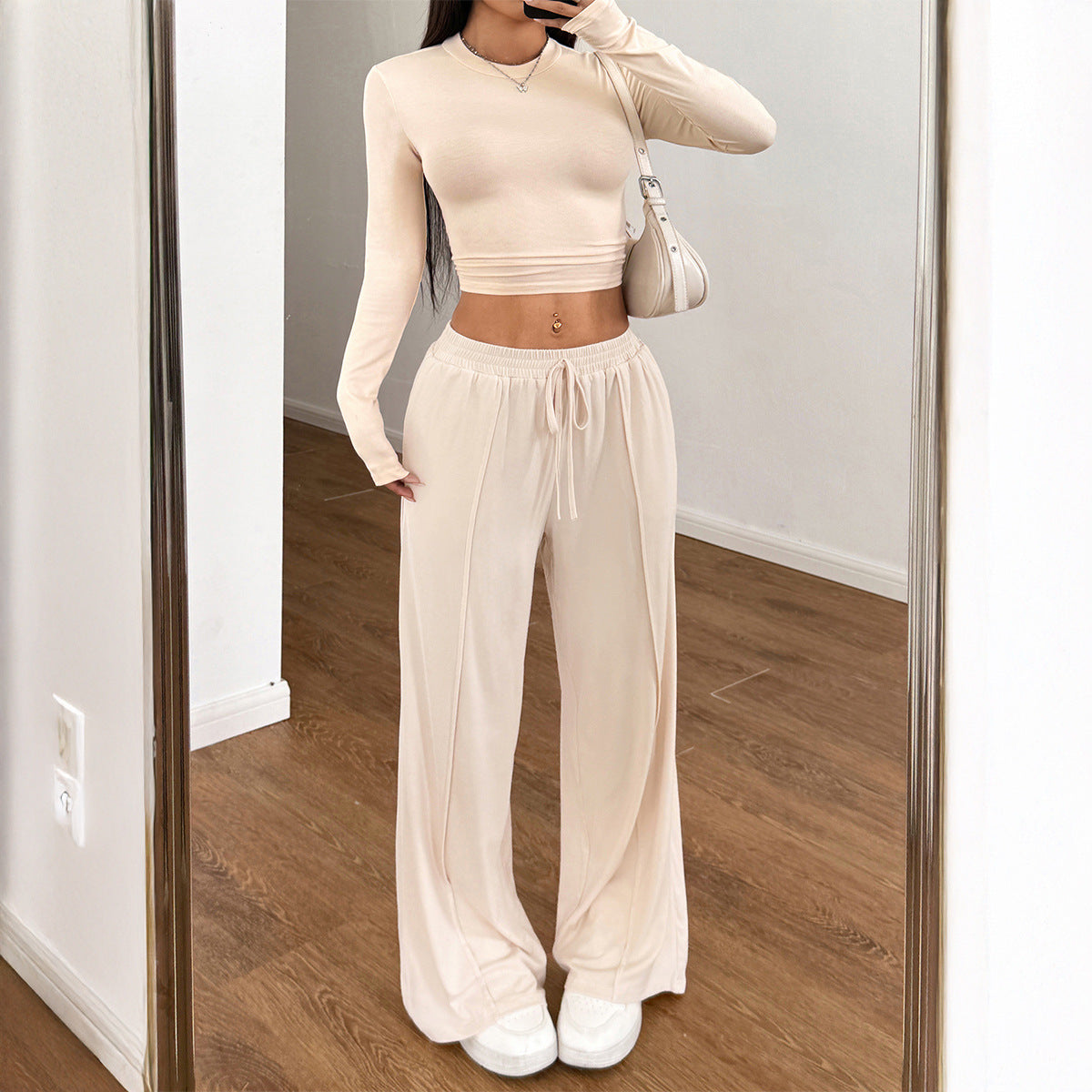 Sports style high elasticity long sleeved wide leg pants set