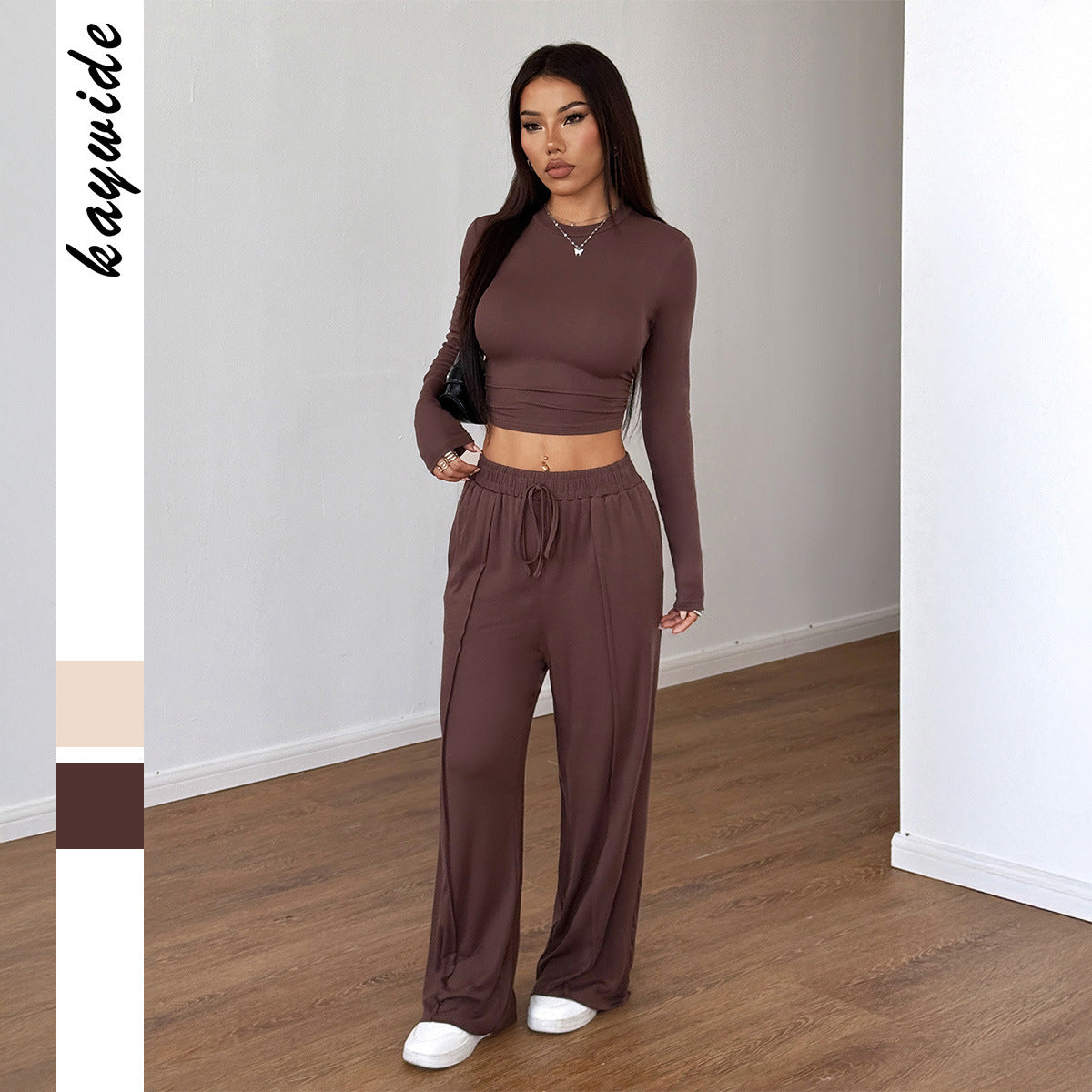Sports style high elasticity long sleeved wide leg pants set