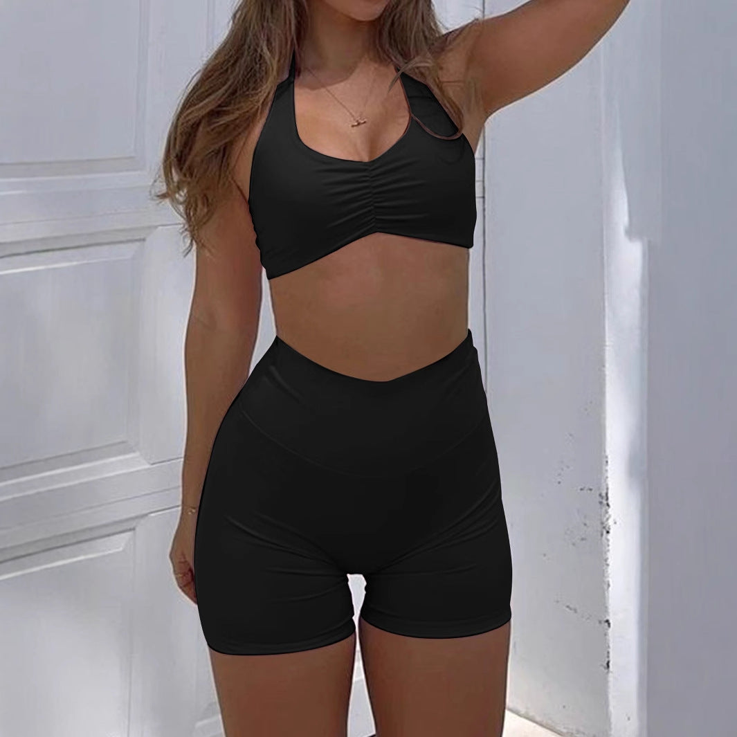 Sports style neck hanging T-shirt high stretch shorts set