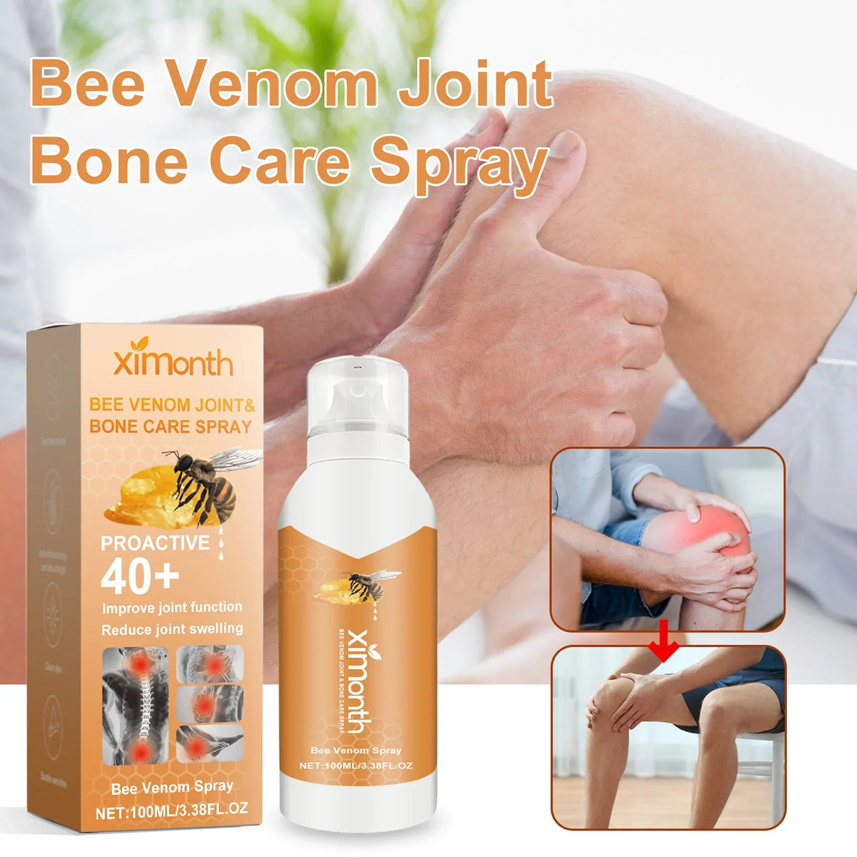 Applying Bee Venom Joint Care Spray on knees and lower back to relieve pain and improve joint mobility
