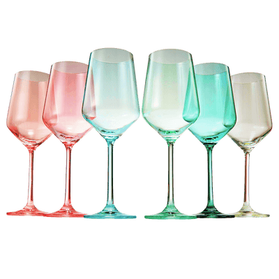 Colored Crystal Wine Glass Set of 6, Gift For Mothers Day, Her, Wife, Mom Friend - Large 12 oz Glasses, Unique Italian Style Tall Drinkware - Red & White, Dinner, Beautiful Glassware - (Summer)