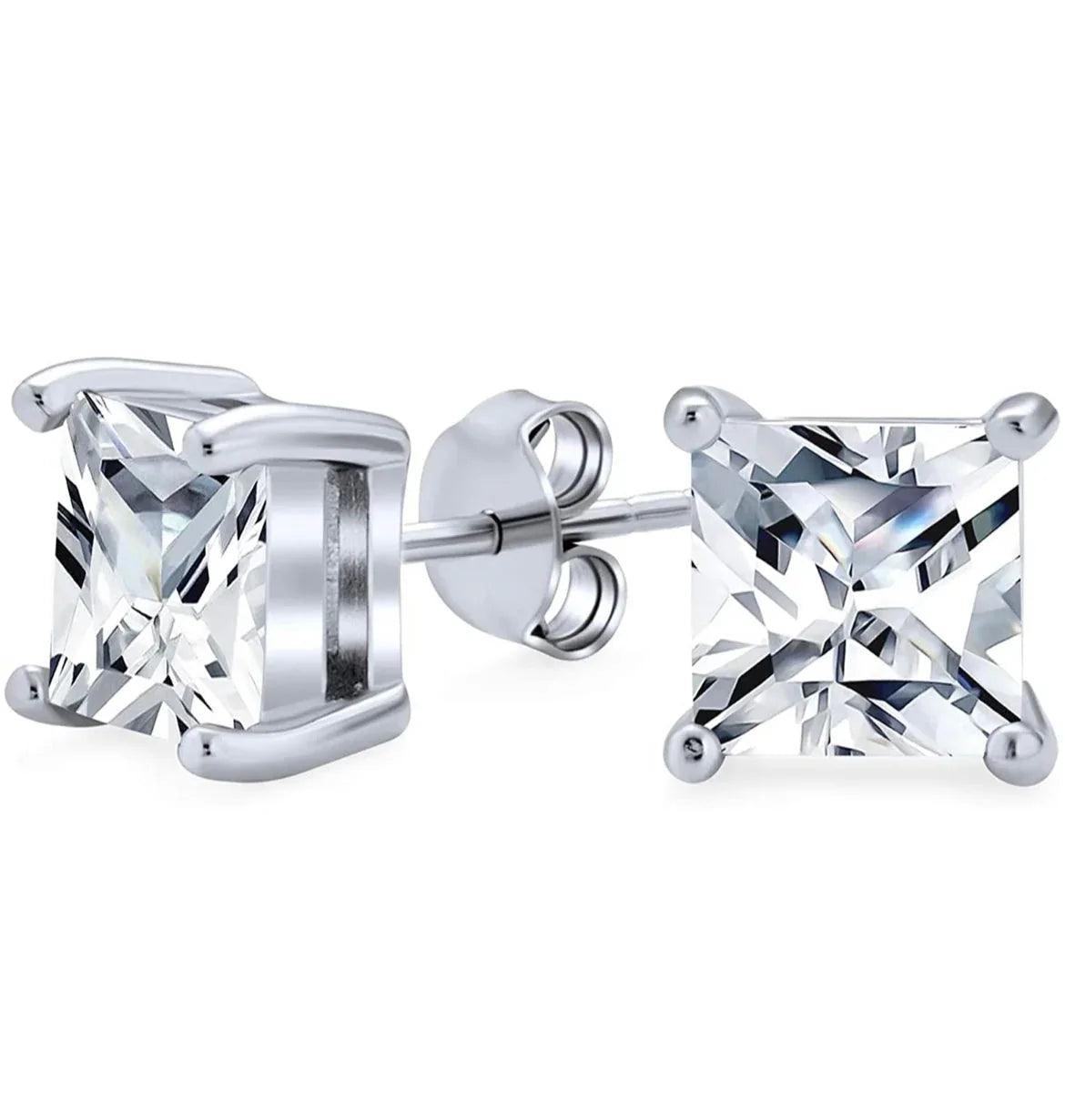 Solid Sterling Silver White Topaz Princess Cut Square Studs - Gifts for You 'n Me