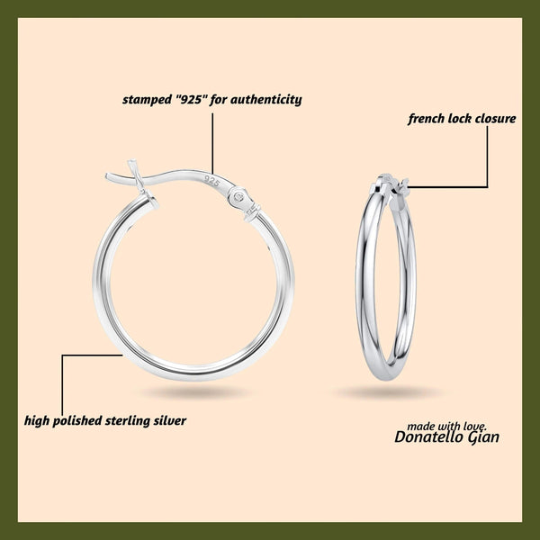 925 Sterling Silver Classic French Lock Hoop Earrings, 15mm-20mm, Hypoallergenic, Perfect for Men Women and Girls - Gifts for You 'n Me