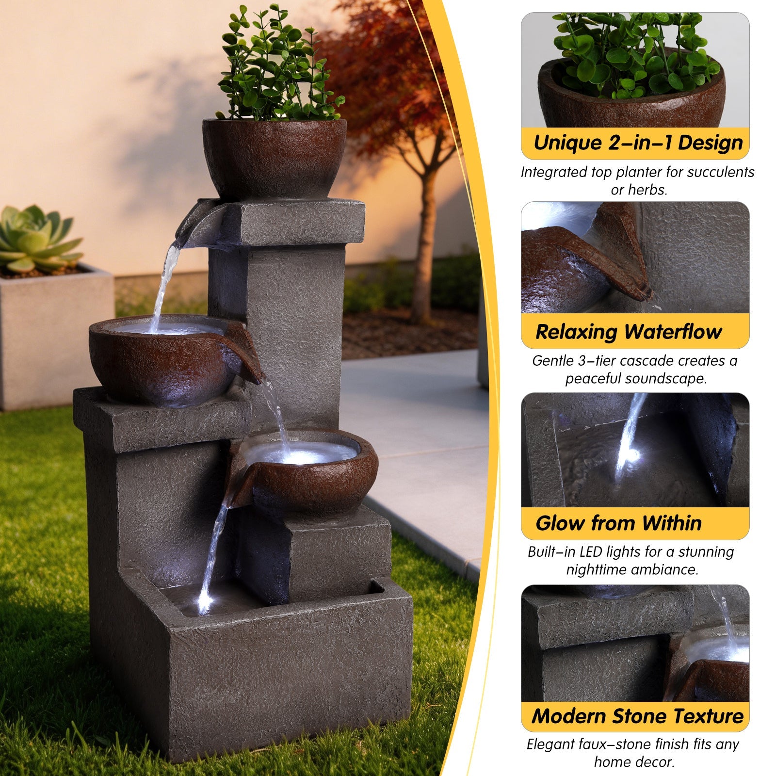 Resin Outdoor Fountain and Planter Stacked Stone