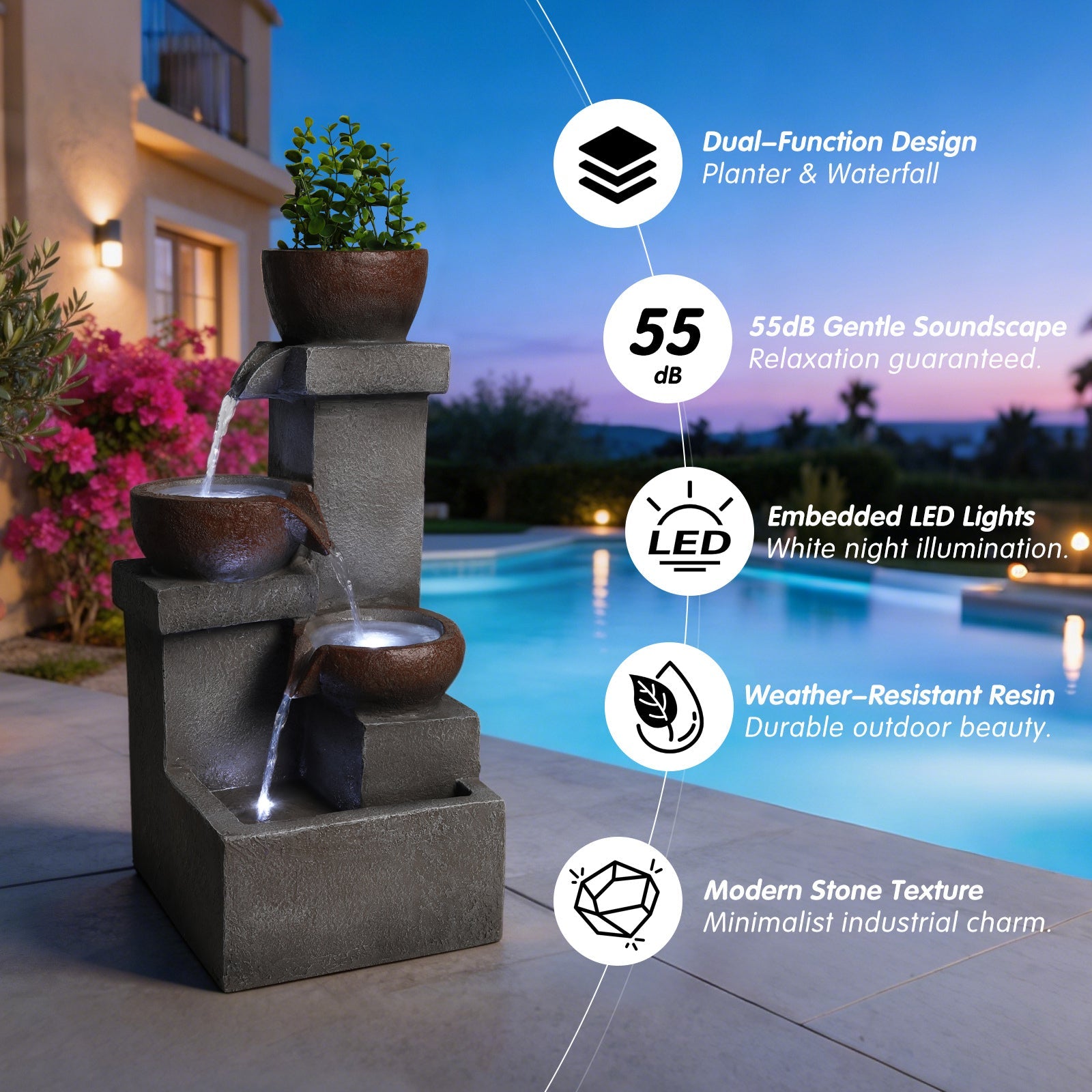 Resin Outdoor Fountain and Planter Stacked Stone