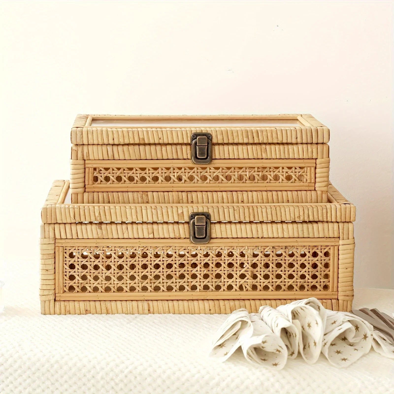 Stacking Boxes - Glass Top Rattan Set