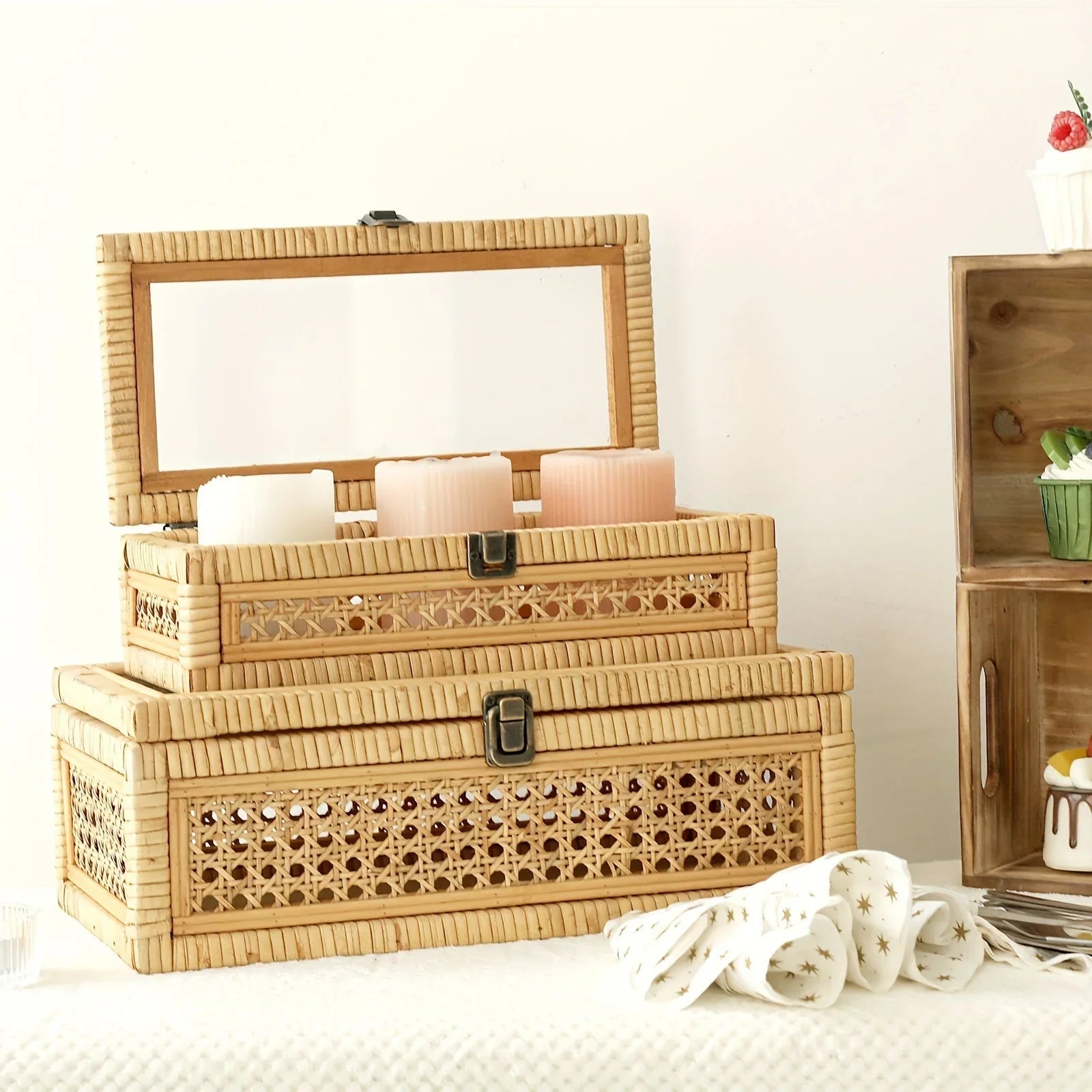 Stacking Boxes - Glass Top Rattan Set