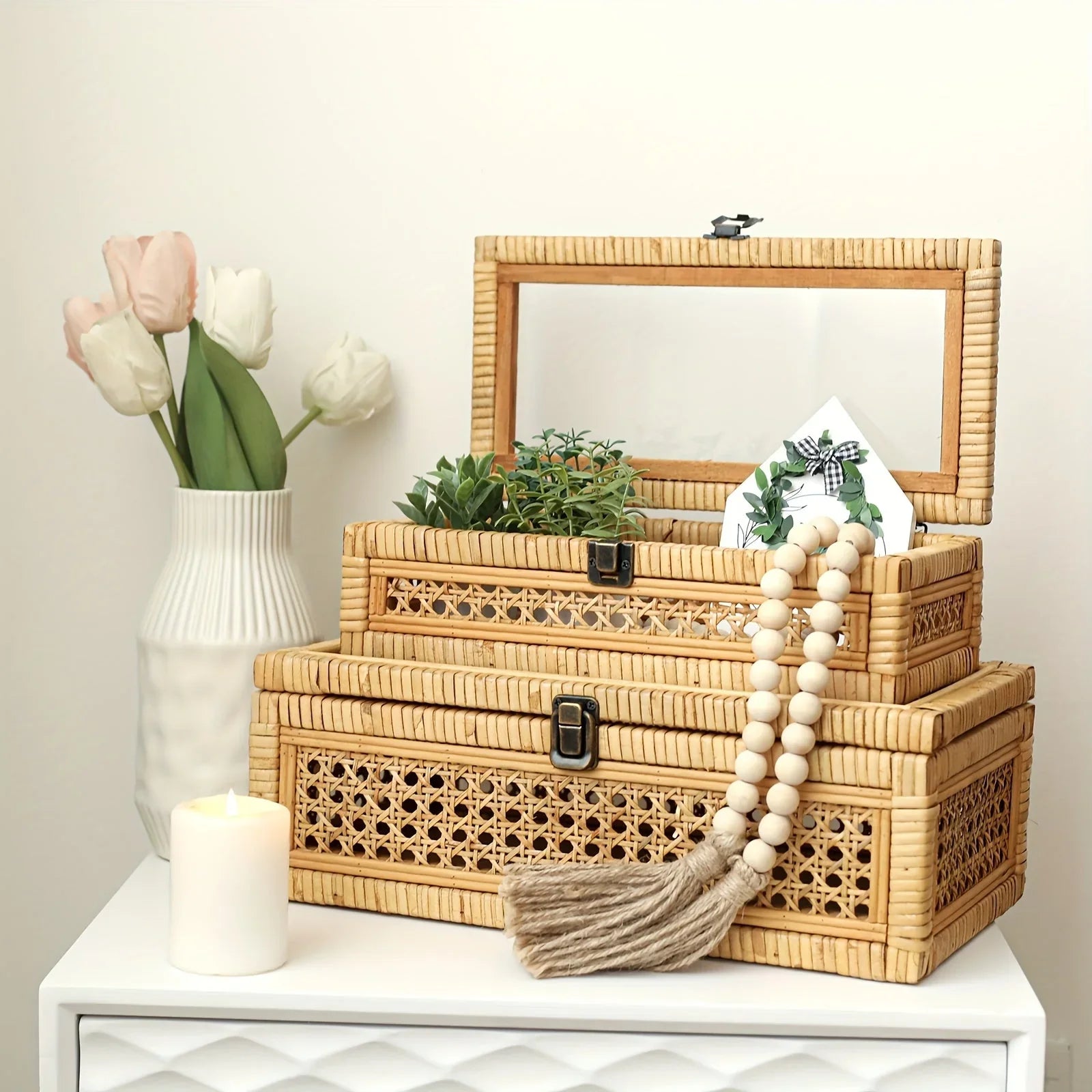 Stacking Boxes - Glass Top Rattan Set