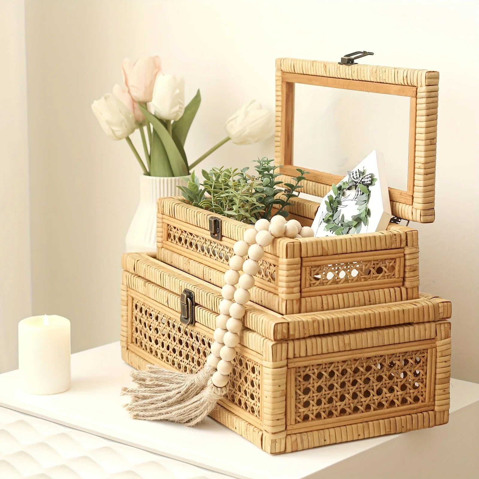 Stacking Boxes - Glass Top Rattan Set