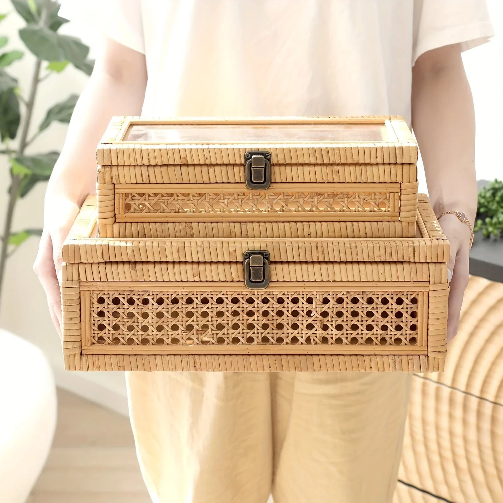 Stacking Boxes - Glass Top Rattan Set