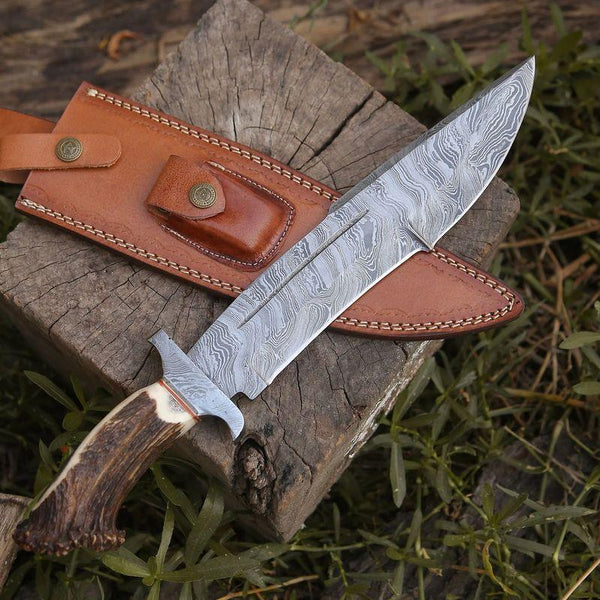 Damascus Stag Bowie Knife with Leather Sheath