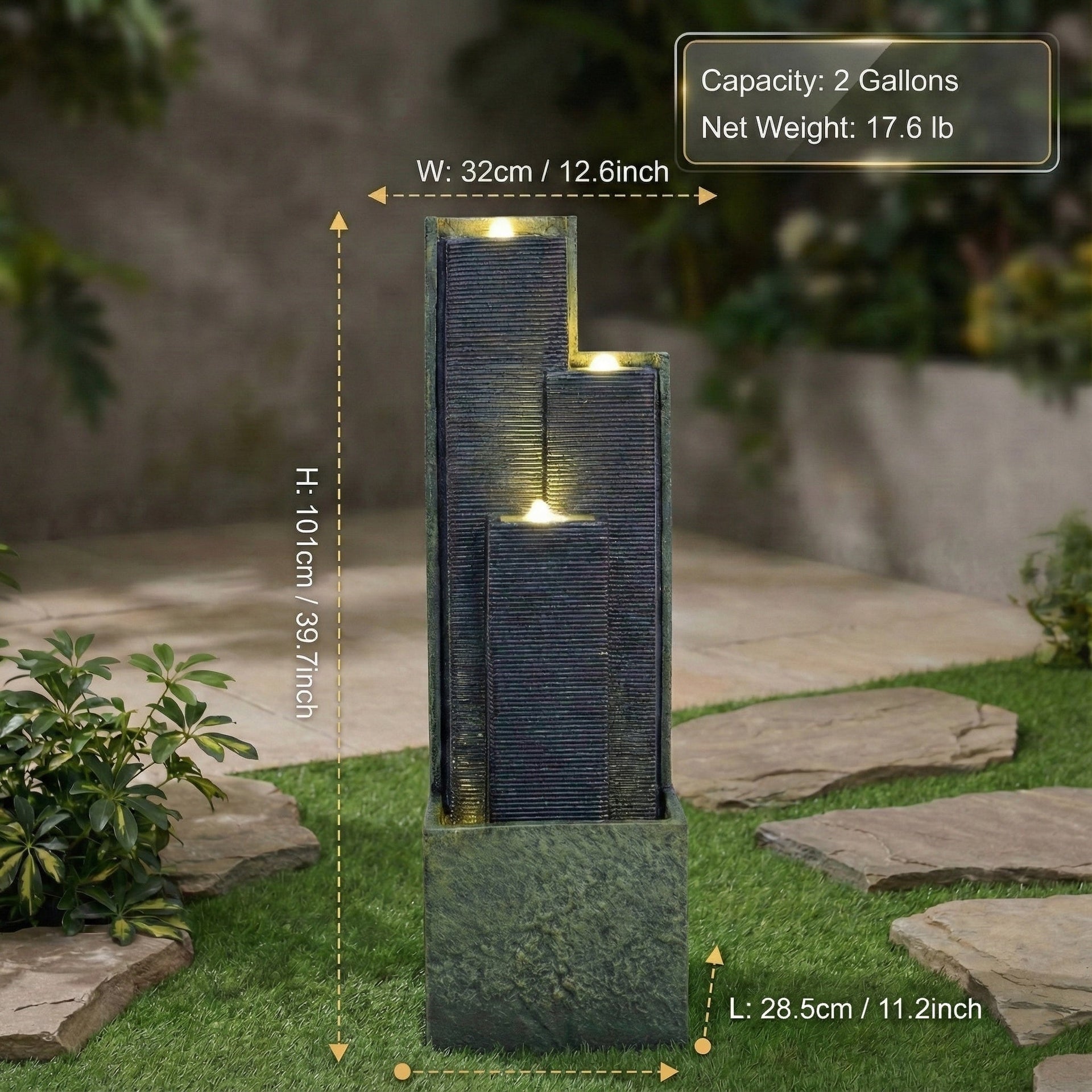 Resin Slate Water Wall Fountain 3 Column Top Lit