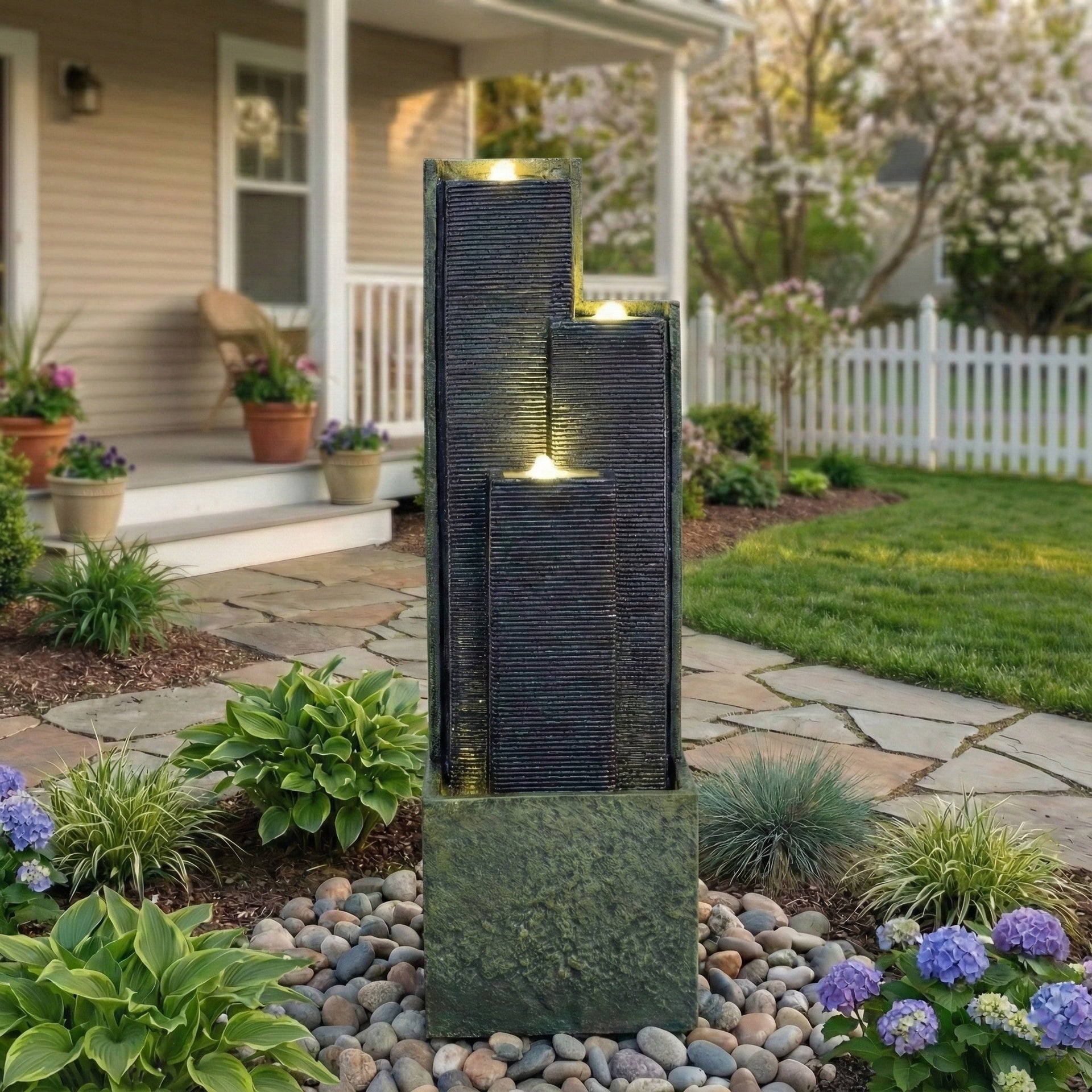 Resin Slate Water Wall Fountain 3 Column Top Lit