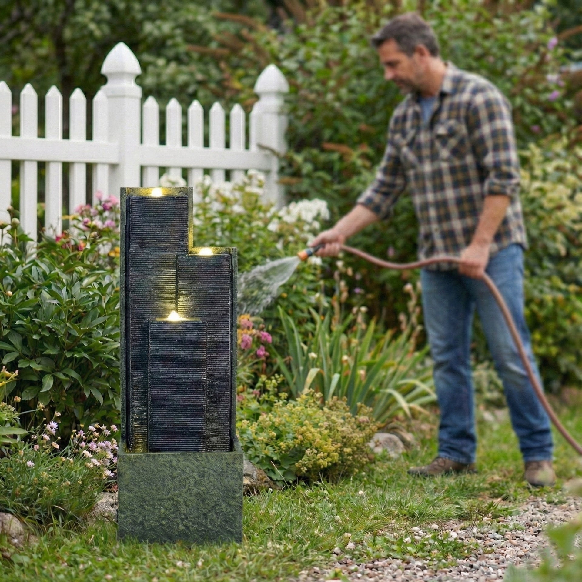 Resin Slate Water Wall Fountain 3 Column Top Lit