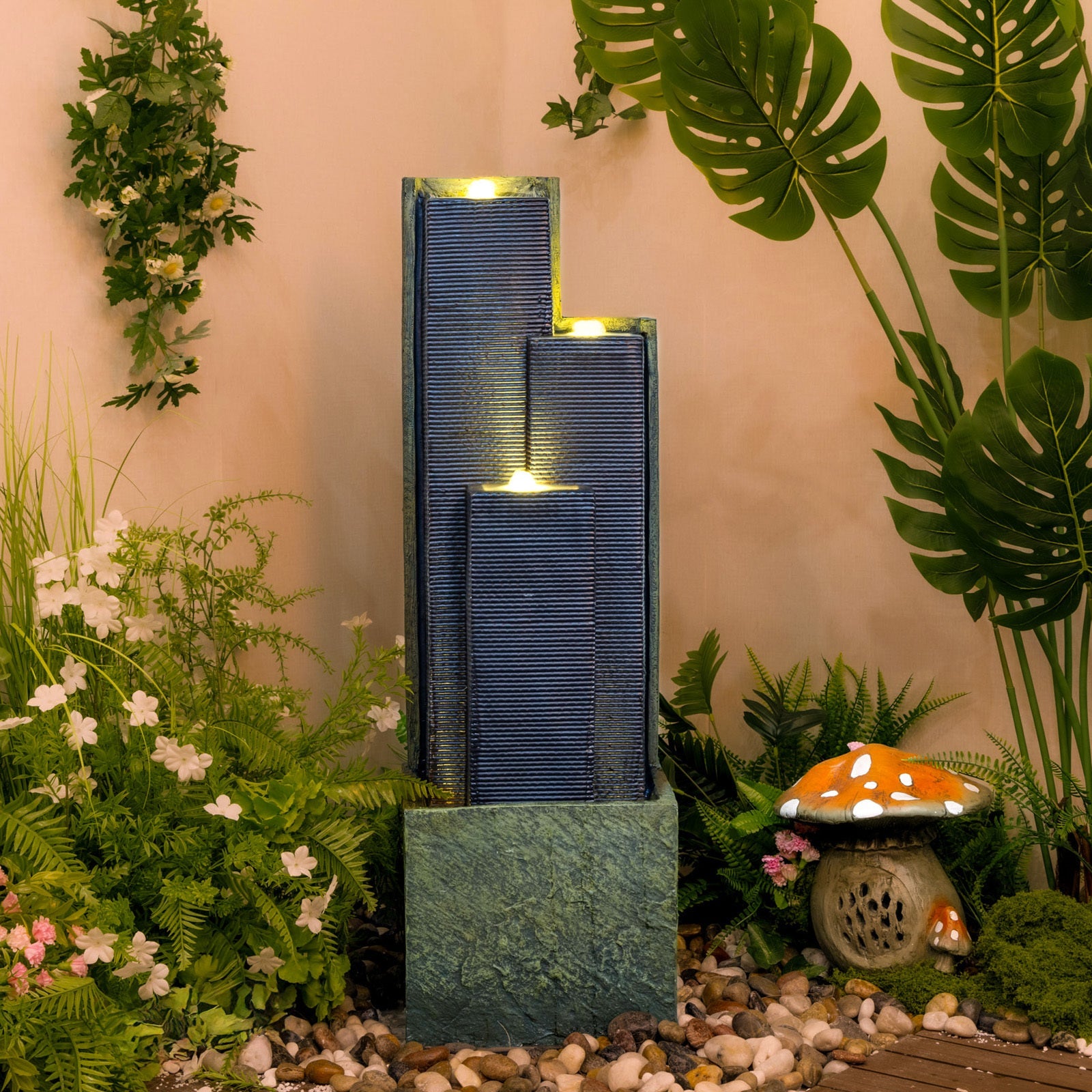Resin Slate Water Wall Fountain 3 Column Top Lit