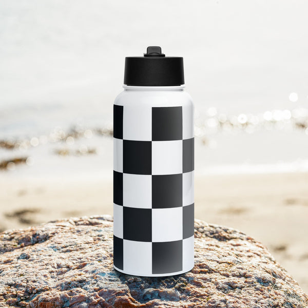 Checkered Stainless Steel Water Bottle with Straw Lid – Black & White, Leakproof & Reusable